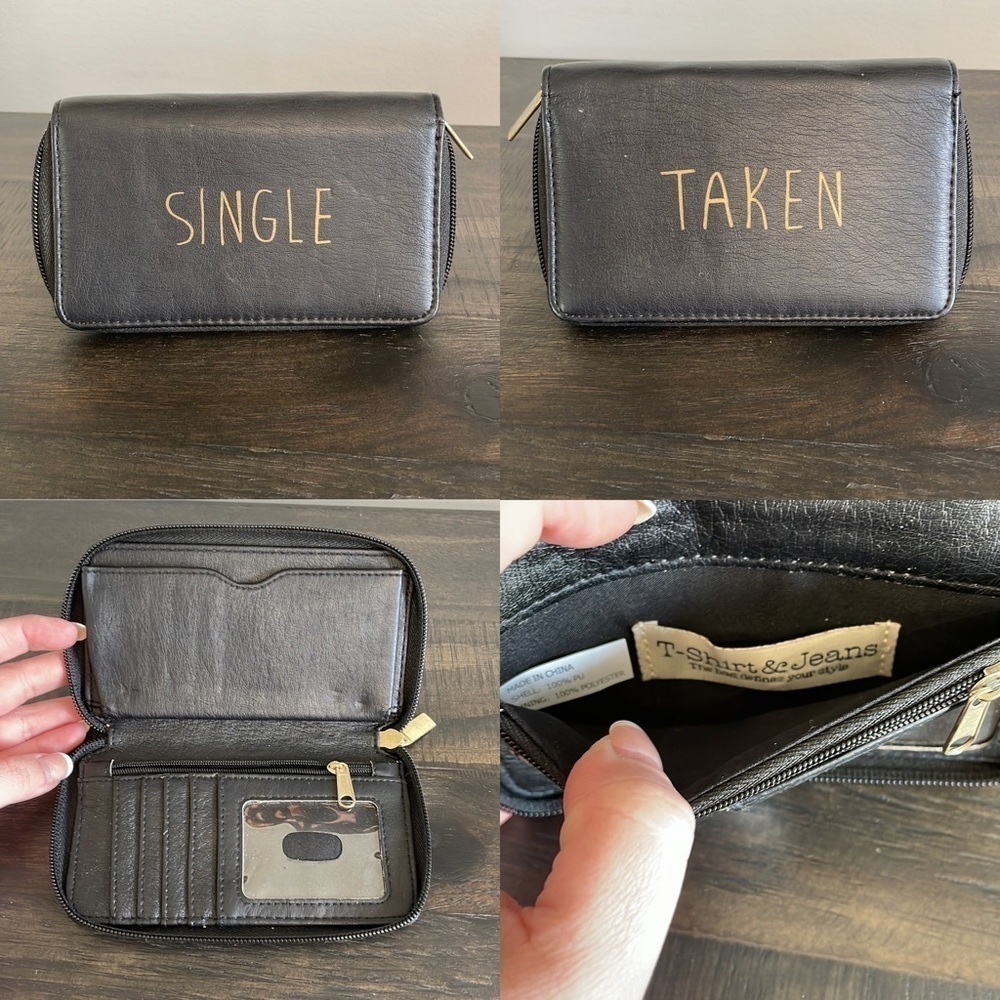 T-SHIRT & Jeans Black Faux Leather Single Taken Wallet Zip Around Clutch Gold‎